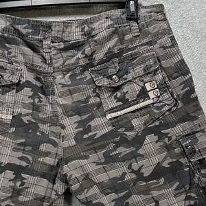 English Laundry Cargo Shorts Mens 36 Grey Camo Plaid Cotton Streetwear Y2K